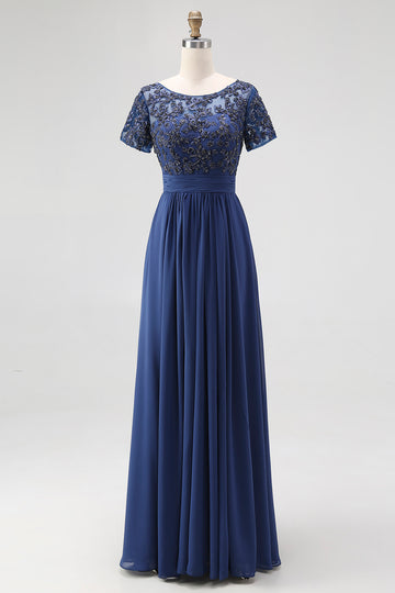 Navy A-Line Boat Neck Short Sleeves Chiffon Long Mother Of the Bride Dress with Lace Appliques